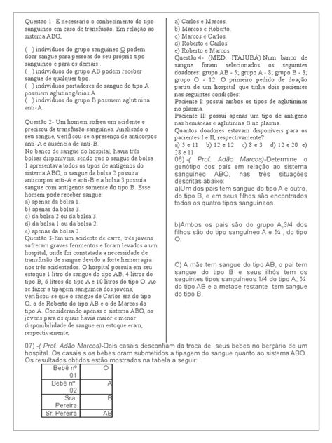 Exercicios Sobre Sistema Abo - Exercícios sobre o Sistema ABO e Transfusões | PDF | Transfusão de ...