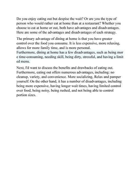 Discuss pros and cons of eating out and eating at home - Do you enjoy