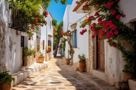 Premium Photo Charming Narrow Alleyway Lined With Colorful Potted