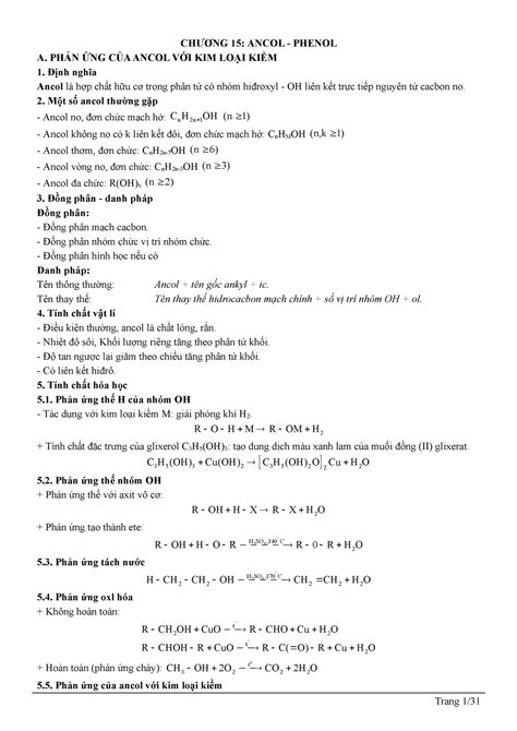 Ancol Phenol CHƯƠNG 15 ANCOL PHENOL A PHẢN ỨNG CỦA ANCOL VỚI