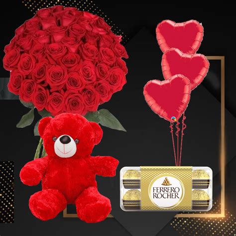 Buy 40 Rose Bunch With Chocolate Red Teddy Heart Balloons In Dubai