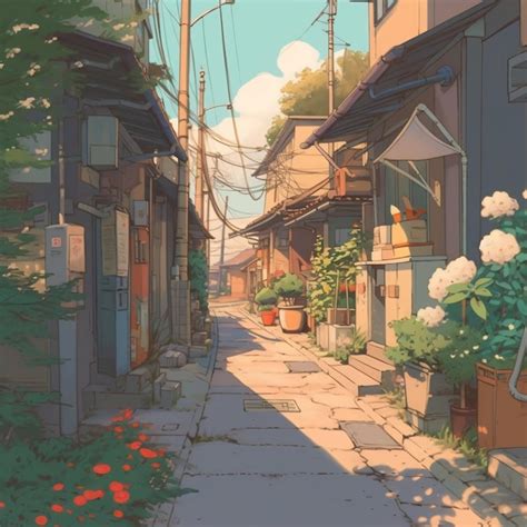 Premium Photo | LOFI street houses anime manga style background ...