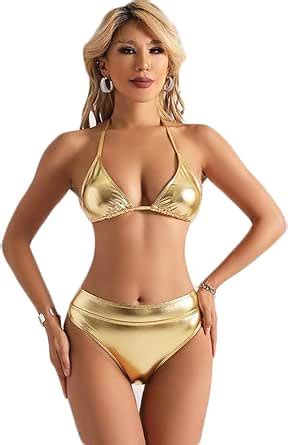 Amazon Thscwy Women Metallic Bikini Set Two Piece Swimsuit Shiny Silver Gold Bathing Suit