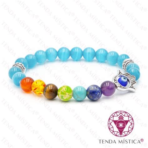 Pulseira Chakras Hams Olho De Gato Azul Claro