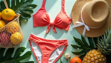 Vibrant Coral Bikini Set With Tropical Fruits And A Straw Hat Stock Image Image Of Trendy