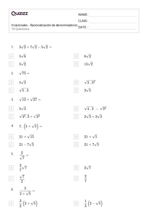 N Meros Irracionales Hojas De Trabajo Para Grado En Quizizz