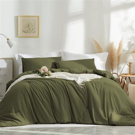 3 Pieces Olive Green Comforter Set Dark Green Solid Color Bedding Sets ...