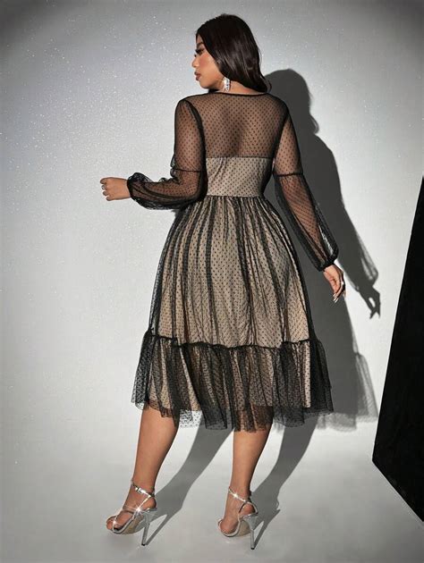 SHEIN Privé Plus Size Women Nude Polka Dot Sheer Mesh Dress Maxi Women Outfit SHEIN USA