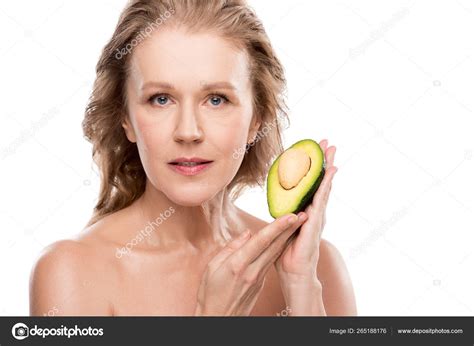 Beautiful Nude Middle Aged Woman Posing Avocado Isolated White Stock Photo Vitalikradko