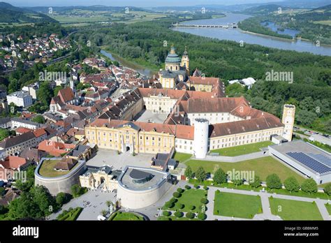 aerial view melk abbey overlooking  danube river melk