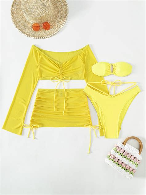 SHEIN Conjunto de bikini transparente Sujetador bandeau y parte inferior de corte alto y cordón