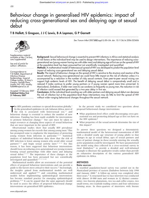 Pdf Behaviour Change In Generalised Hiv Epidemics Impact Of Reducing Cross Generational Sex