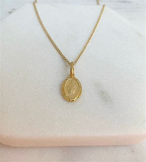 K Gold Miraculous Medal Necklace Solid Yellow Gold Virgin Etsy