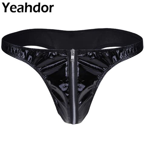 Men Sexy Lingerie Clubwear Patent Leather Briefs Bikini G String Underwear Underpants With Front