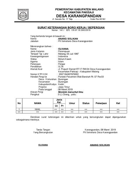 Surat Boro Kerja Pdf