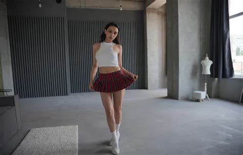 Girl Beautiful Model Brunette Skirt Sneakers