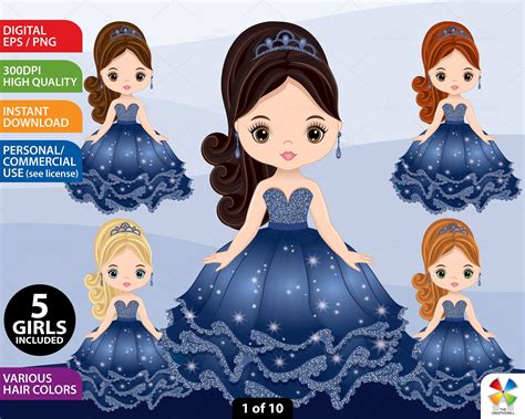 Quinceanera Clipart, Vector Princess Gown, Blue Dress, Queen, Cute Girl