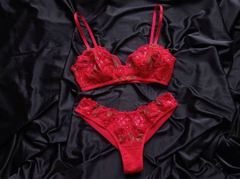 Red Lace Bra Handmade Lingerie Bra And Panty Set Red Lingerie Set Cute Underwear Set Sheer Thong