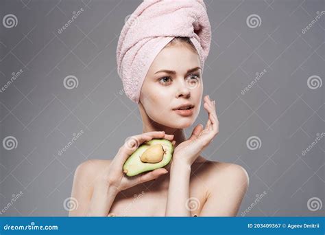 Pretty Woman Naked Shoulders Avocado In Hand Exotic Fruits Spa