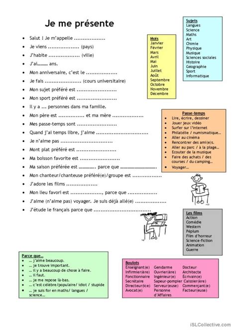 Je Me Pr Sente How To Introduce Yourself French Worksheets Teaching