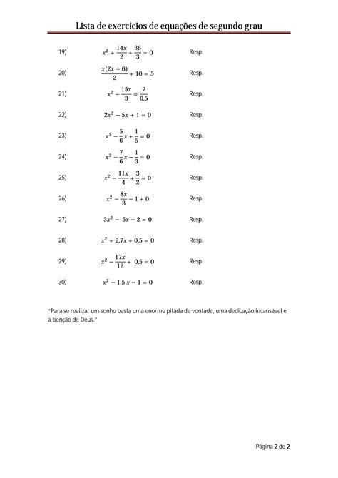 Lista De Exercícios De Equação Do Segundo Grau Pdf