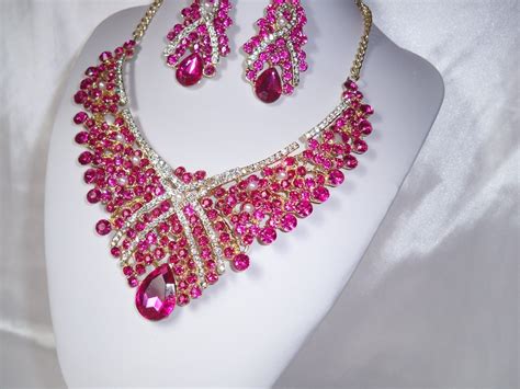 Hot Pink Necklace Set Pink Necklace Set Rhinestone Necklace Etsy