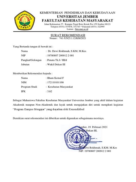 template surat rekomendasi beasiswa