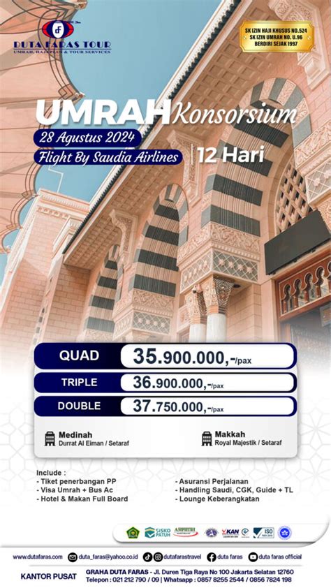 PAKET UMRAH KONSORSIUM 12 HARI 28 AGUSTUS 2024 Duta Faras Tour Travel