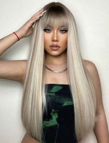 Perruque Synthétique Longue Femme Blonde Doré Foncé Or Frange Lisse Bonnet eBay