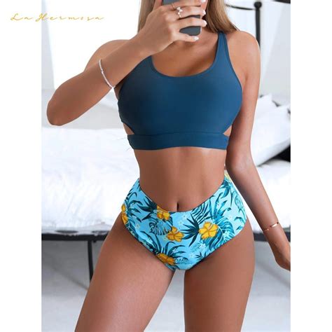 Designer Bikini Women Hollow Swimsuit Two Piece Botanical Print Blue Beachwear Wholesale Bathing
