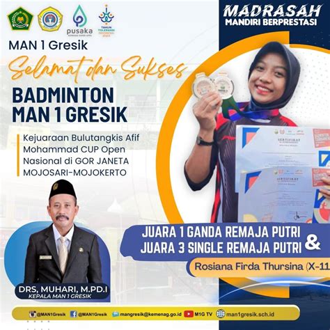 SISWA MAN 1 GRESIK RAIH JUARA 1 GANDA PUTRI DALAM TURNAMEN BULU TANGKIS