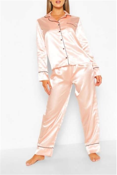 Wholesale Nude Long Sleeve Piped Satin Pyjama Set J Fashion