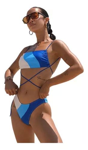 Traje De Ba O Azul Bikini Dos Pieza Lazo Ajustables Bralette Meses Sin Inter S
