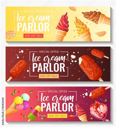 Set Of Banners With Various Ice Cream Ice Cream Parlor Or Shop Sweet
