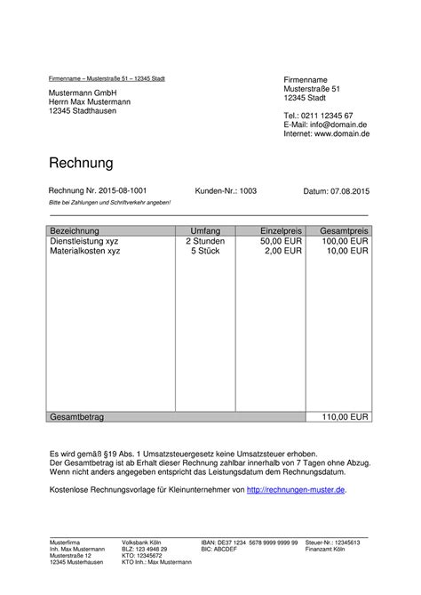 Vorlage Rechnung Kleinunternehmer Pages