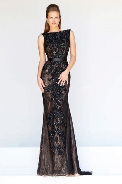 Formal Sheath Bateau Neck Backless Long Black Lace Beaded Evening Prom Dress With Belt