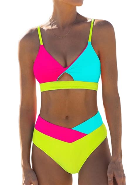 Sexybody Women S Neon Color Block Bikini V Cut Two Piece Swimsuits High Waisted Cut Out V Neck