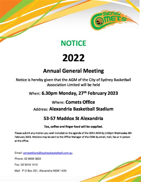 Notice Of Agm City Of Sydney Basketball