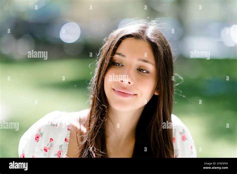Teenage Latina Smiling Park Standing Sun Dress Summer Closeup Close Up Long Hair Stock Photo Alamy