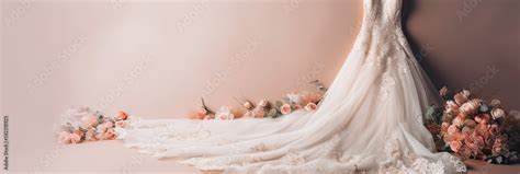 Banner of a wedding dress and bridal flowers bouquet, marriage gown ...