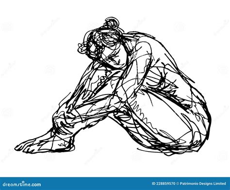 Nude Female Human Figure Tuck Sitting With Legs Tucked Doodle Art Continuous Line Stock Vector