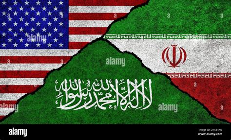 Usa Iran And Saudi Arabia Flag Together On A Textured Wall Relations