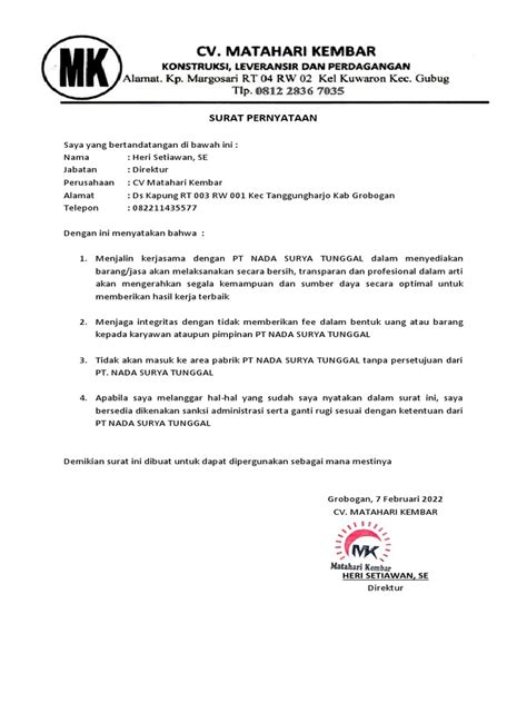 Surat Pernyataan Supplier Pdf