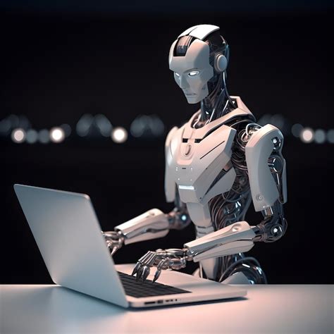 Premium AI Image Futuristic Robot Using Computer Laptop AI Generated