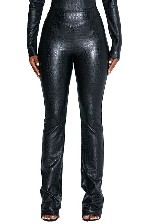 Naked Wardrobe Croc Embossed Faux Leather Bootcut Pants Black Editorialist