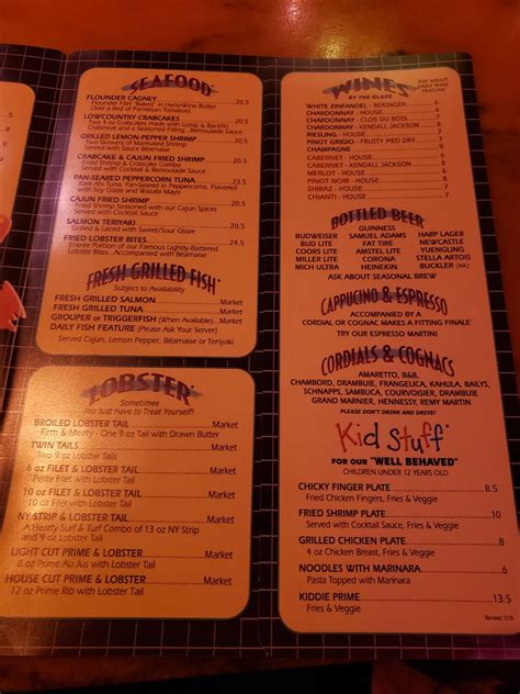 Menu at Flamingo Grill steakhouse, Myrtle Beach, N Kings