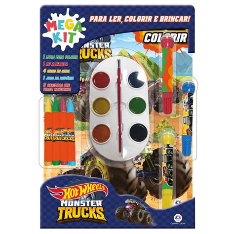 Megakit Livro Infantil Colorir Hot Wheels Ler Colorir E Brincar Giz De Cera Canetinha