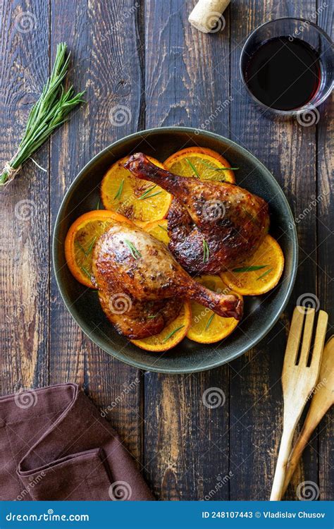 Baked Duck Legs With Oranges And Rosemary Rustic Style Stock Image