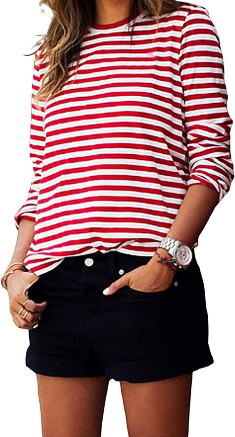 Gildnera Women Red White Striped Casual Tops Long Sleeve Round Neck