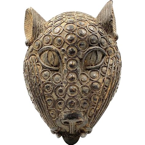 Vintage Leopard Head Bronze Benin Kingdom Nigeria Xx Century